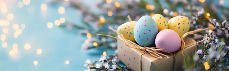 A delightful image of pastel-colored Easter eggs nestled in a gift box, surrounded by spring...