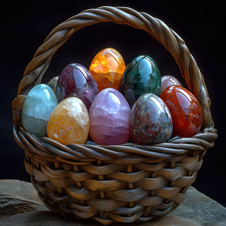 A charming wicker basket filled with various colorful gemstone eggs. A perfect spring or Easter decoration.の写真素材