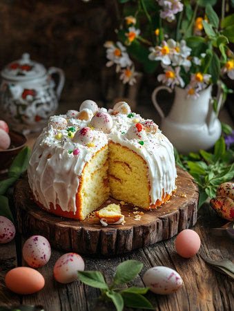 A delectable Easter cake, adorned with white icing, chocolate eggs, and spring flowers, sits on a...