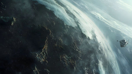 A lone spaceship orbits a dark, cloudy planet. The image evokes a sense of mystery and vastness in...