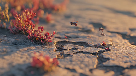 Red plants sprout from cracked earth, bathed in the warm light of a setting sun. A captivating scene of resilience and natural beauty.の写真素材