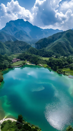 Breathtaking aerial shot of a crystal-clear lake nestled amidst majestic mountains. Serene and...