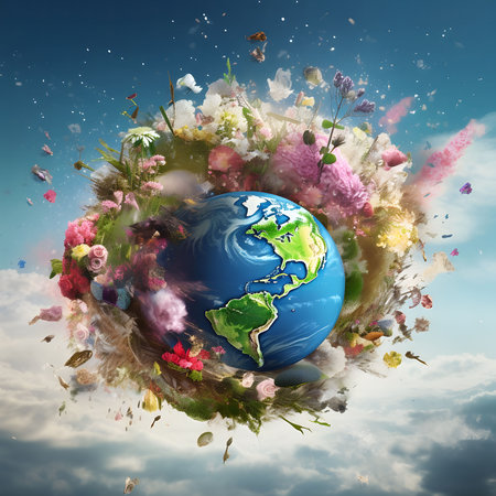 A vibrant digital art depicting Earth surrounded by an explosion of colorful flowers, symbolizing nature's beauty and the planet's delicate ecosystem.の写真素材