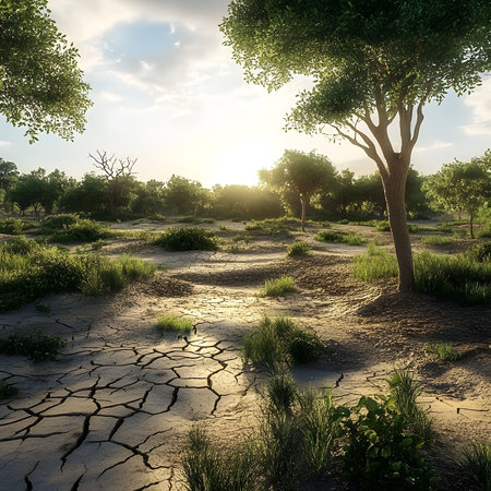A digital painting depicting a serene sunset over a dry, cracked landscape. The scene showcases the...