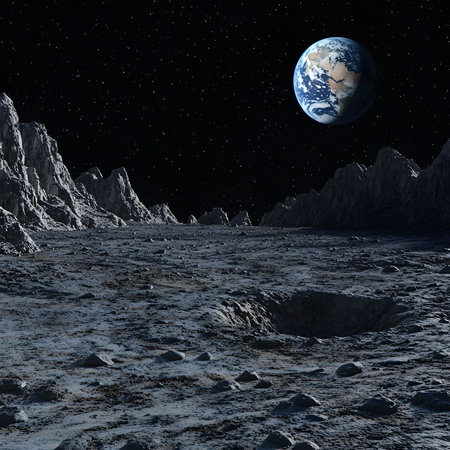 A stunning view of Earth rising above the Moon's barren, cratered surface. Stars twinkle in the dark sky.の写真素材