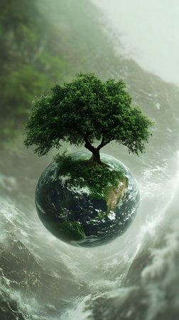 A tree on Earth, symbolizes environmental preservation.