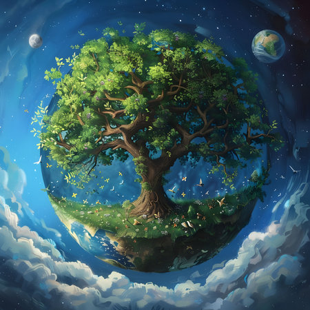 A vibrant digital painting of a majestic tree thriving on a planet-like sphere, surrounded by stars...