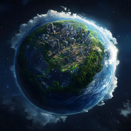 A digital artwork showing a miniature Earth with a city nestled amongst clouds, viewed from space....