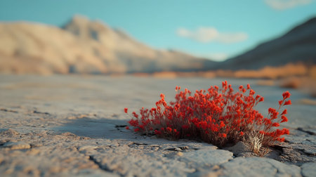A vibrant red flower bravely blossoms in a cracked desert landscape, mountains softly blurring in the background.の写真素材