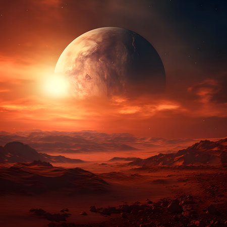 A breathtaking sunset on an alien planet. A massive orange planet dominates the sky over a rusty red landscape of mountains and desert.の写真素材
