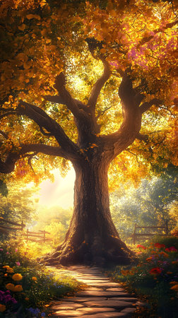 A majestic oak tree ablaze with autumn colors, path leading through a magical garden.の写真素材