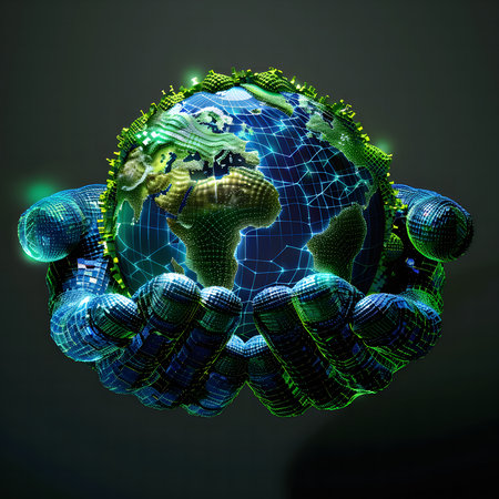 A digital rendering of a glowing Earth held in futuristic hands, symbolizing global connection and environmental responsibility.の写真素材