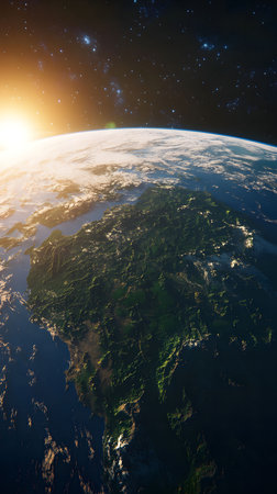 Stunning sunrise over planet Earth as seen from space. Breathtaking view of the globe's continents...