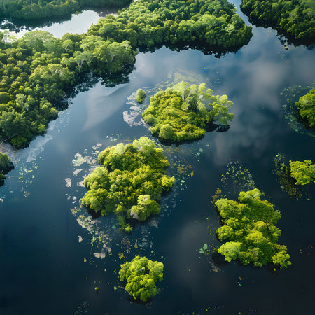 Stunning aerial shot showcasing vibrant green islands nestled within a tranquil dark blue lake. A...