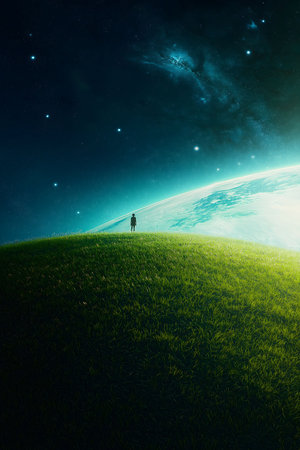 A lone person stands on a grassy hill against a backdrop of a breathtaking celestial sphere. The...