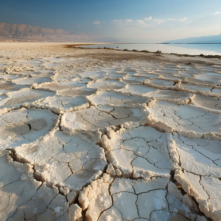 Stunning view of the Dead Sea's salt flats, showing cracked earth, serene landscape, and distant...