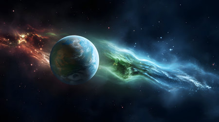 A mesmerizing cosmic scene featuring a vibrant planet, nebulae, and distant stars. A cosmic dance of...