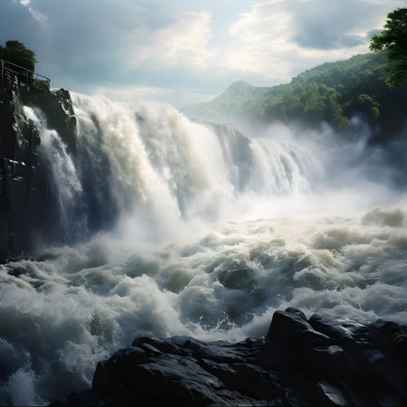 A powerful waterfall plunges over rugged cliffs, creating a dramatic and breathtaking scene. The...