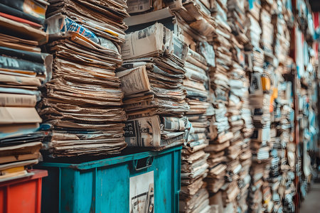 A visual representation of archived documents in stacks and piles. The image showcases the sheer volume of paper materials, hinting at history and information storage.の写真素材