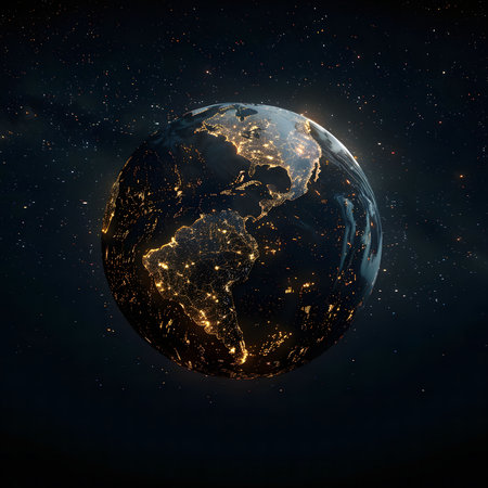 Stunning view of Earth at night, showcasing city lights against the backdrop of space. A captivating image of our planet.の写真素材