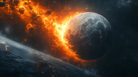 A fiery collision between two celestial bodies, they engulfed in flames, depicts cosmic destruction...