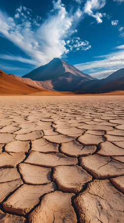 A breathtaking view of a majestic volcano rising above a cracked lakebed in the Atacama Desert. The vibrant colors and vastness of the landscape create a dramatic scene.の写真素材
