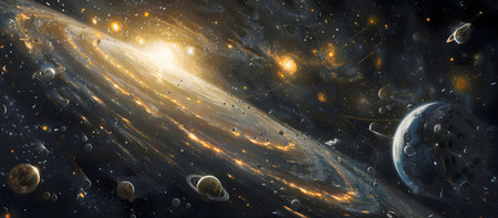A vibrant depiction of a swirling galaxy with numerous planets and stars, showcasing cosmic energy...