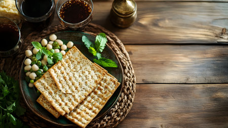 A rustic wooden table setting featuring a Seder plate with matzah, peas, and mint. Perfect for Passover celebrations.の写真素材