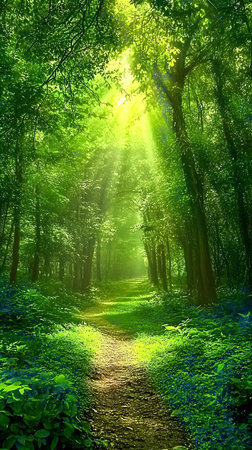 A sunlit path winds through a lush green forest, creating a magical and serene.