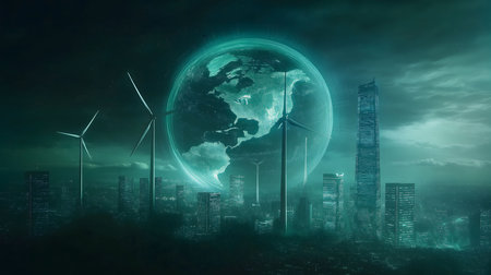 A futuristic city powered by wind energy, with a glowing Earth as a backdrop. A vision of sustainable urban development.の写真素材