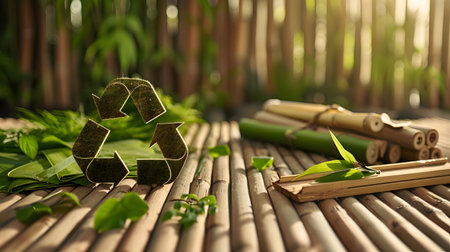 A recycle symbol rests on bamboo, showing eco-friendly living and sustainable practices.の写真素材