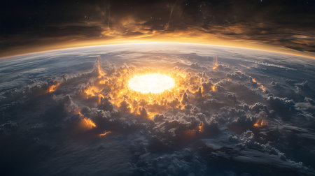 A breathtaking view of a sunrise from space, showcasing an explosion of light piercing through the...
