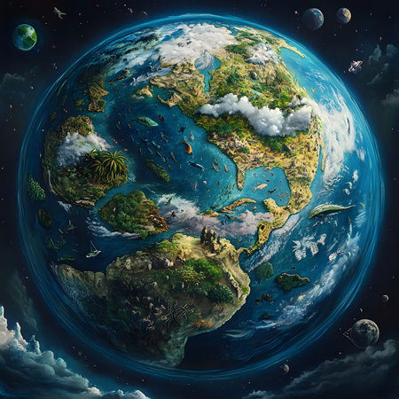 A stunning artistic rendering of planet Earth, showing its diverse ecosystems, landmasses, and oceans. A visual celebration of our world's beauty.の写真素材