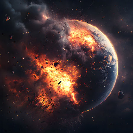 A planet explodes in a fiery cosmic event. Debris and flames fill the space around it.の写真素材