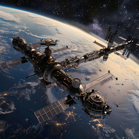 A stunning view of the ISS orbiting Earth at night. City lights illuminate the planet below the space station.の写真素材