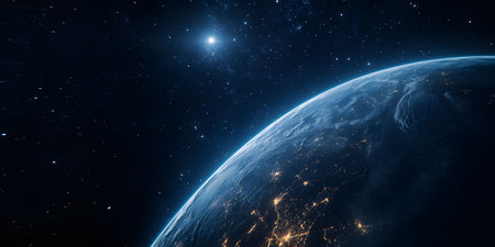 Stunning nighttime view of Earth from space, showing city lights and a bright star.の写真素材