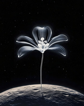 A luminous flower blossoms on a desolate planet against the backdrop of a starlit expansion. A surreal vision of life beyond Earth.の写真素材