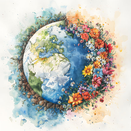 A vibrant watercolor painting depicting Earth adorned with a colorful ring of flowers, symbolizing the beauty and interconnectedness of nature.の写真素材