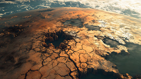 Aerial view of a parched planet with deep cracks and craters. The desolate landscape shows signs of severe drought.の写真素材