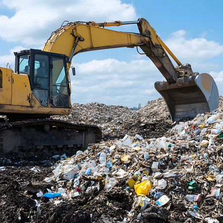 A yellow excavator works at a landfill, highlighting the challenges of waste management and...