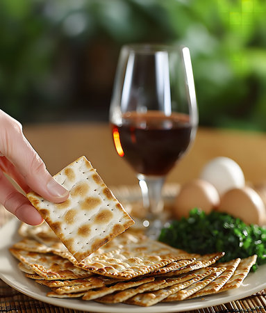 A hand picks up a piece of matzah from a Seder plate, wine in the background. This is a traditional...