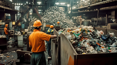 Industrial recycling plant, workers in orange hard hats sort waste materials.の写真素材