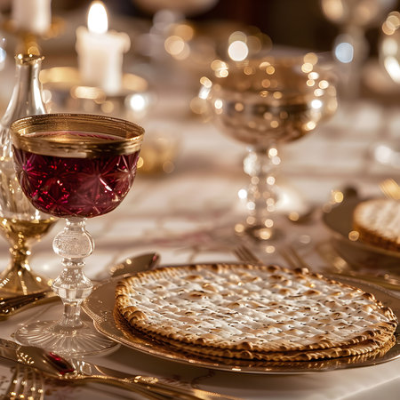 A beautifully set table for a Passover Seder, featuring matzah, wine, and elegant gold glassware. A traditional and festive scene.の写真素材