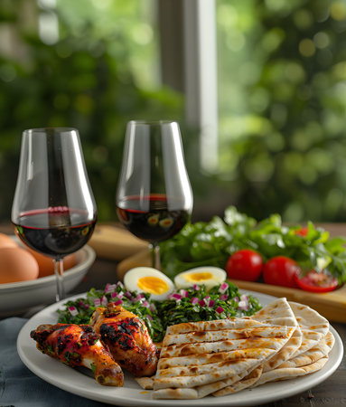 A plate of grilled chicken, pita bread, and fresh salad is presented with two glasses of red wine. A perfect summer meal.の写真素材