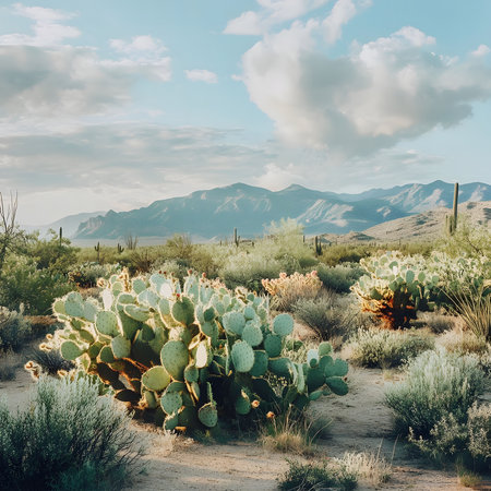 Stunning Sonoran Desert scene. Mountains, cacti, and a clear sky create a picturesque landscape.の写真素材