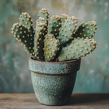 A vibrant green prickly pear cactus in a rustic green pot. The image captures the detail of the cactus and its delicate blooms against a textured background.の写真素材