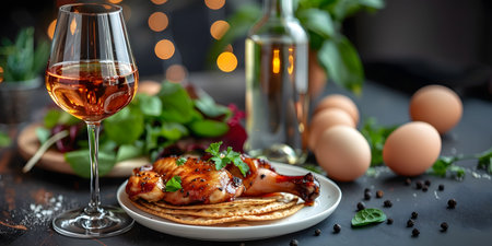 A delectable roasted chicken, served on a bed of tortillas, accompanied by a glass of wine and a fresh green salad.の写真素材