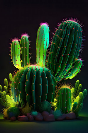 A vibrant digital rendering of cacti bathed in neon light. The scene evokes a surreal, otherworldly desert landscape.の写真素材