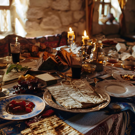 A rustic table laden with traditional Passover food, candles, and wine, evoking a sense of warmth...