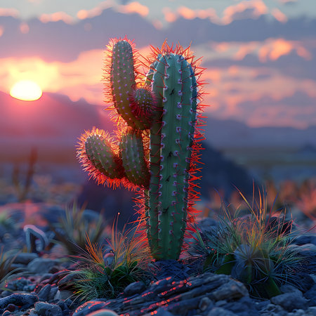 A stunning cactus stands tall against a vibrant sunset, showing the beauty of desert flora. Warm colors dominate the scene.の写真素材